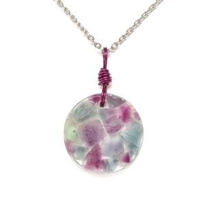 Purple blue green genuine fluorite round pendant on silver necklace new Handmade